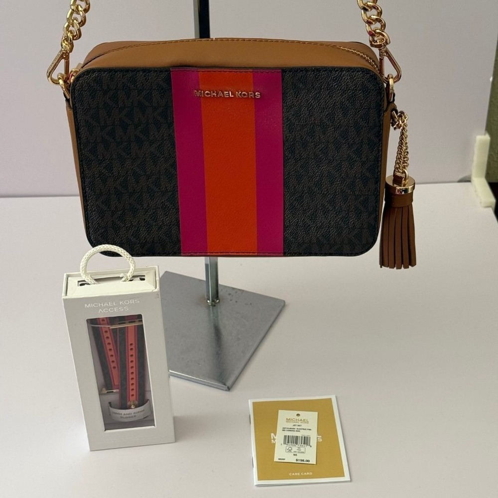 NWT Michael Kors Jet Set Bag & Watch Band Brown MK Signature Pink Orange Stripe
